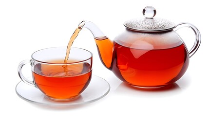 Steaming Tea Pot Pouring Fresh Brew into Clear Tea Cup