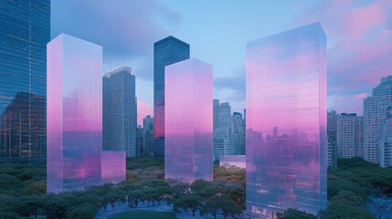 Fototapeta premium Cityscape reflection, pink sunset, park, urban development