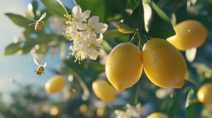 A vibrant scene of bees pollinating lemon blossoms with ripe lemons on a tree.