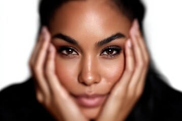 Close up of smiling woman resting head in hands with direct gaze evoking charm playfulness femininity and warmth in expressive modern studio portrait style