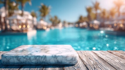 Marble Countertop by Pool with Tropical Resort Background for Product Display