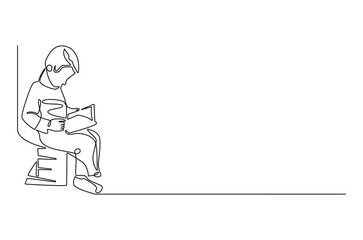 Continuous one line drawing of boy reading a book. Single line drawing illustration boy studying. World children book day concept vector art. Doodle line illustration.
