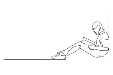 Continuous one line drawing of boy reading a book. Single line drawing illustration boy studying. World children book day concept vector art. Doodle line illustration.