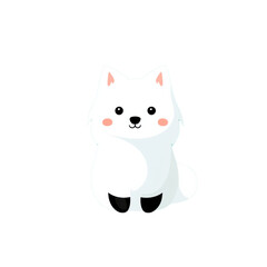 Cartoon illustration of a white dog with black eyes, nose, and paws, pink ears, and a playful stance, transparent background