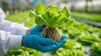 Scientist holding a fresh hydroponic lettuce with roots in a greenhouse, symbolizing sustainable agriculture and modern farming.

