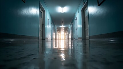 Walking Down Empty Hospital Hallway with Light at the End of Tunnel