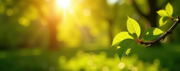 Golden sunlight streams through lush spring leaves, trees, shadow, woodland