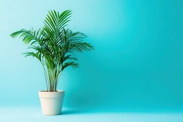 Obraz premium Vibrant tropical plant in a light pot against a vibrant backdrop.