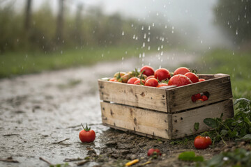 A wooden crate full of tomatoes is sitting on a wet path