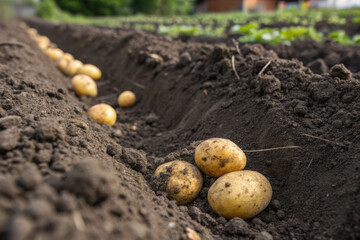 There are potato tubers scattered in the ground for seedlings or a small crop dug up