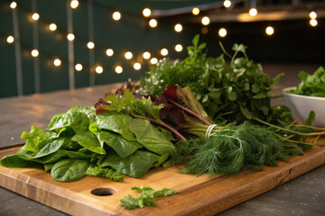 A wooden cutting board with a variety of greens on it