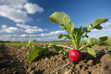 On the ground in the field lies a radish with a batwa close-up sunny day
