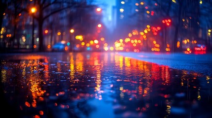 Naklejka premium Rainy Night Street Scene City Lights Reflection In Puddles Abstract Urban Landscape Photo