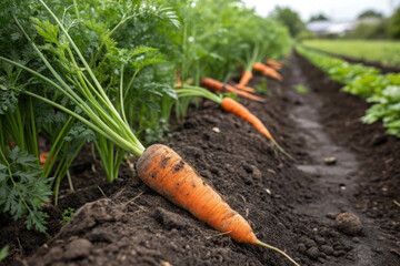 A carrot lies on the ground next to other carrots in the field