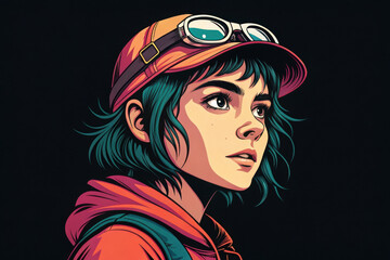 A woman with an orange cap, green hair and cap glasses wearing a red hoodie