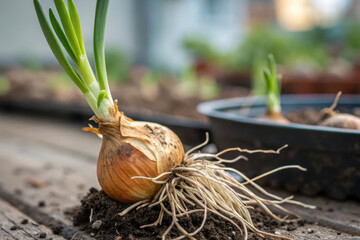 Small sprouted onions with soil on a table with pots in the background