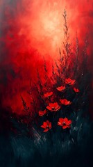 Red Poppies And Grass Blades Against Abstract Red Background Texture Photo