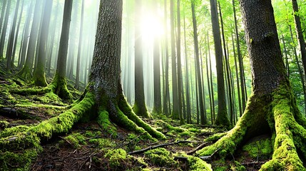 Fototapeta premium Lush Green Forest with Sunlight Filtering through Tall Trees