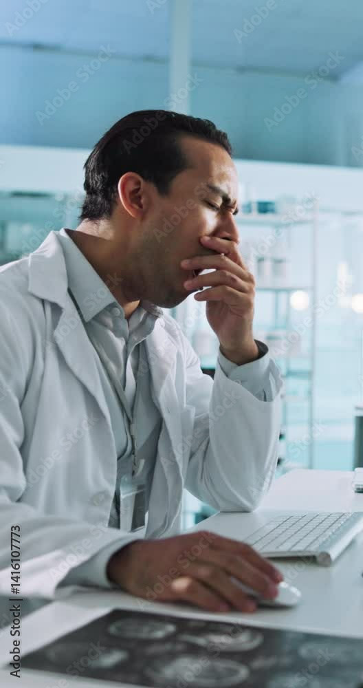 Poster scientist, man and yawning in lab by computer, burnout or fatigue for neurological medical study at 