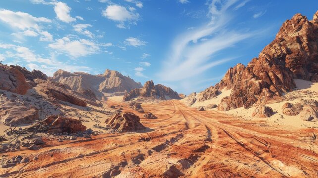 Scenic view of a rocky desert track in Dakar Rally terrain, showcasing rugged red rocks and sandy landscape under a blue sky with clouds. Perfect for adventure themes.