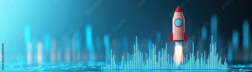 Poster Abstract growth graph chart with launch rocket on technology blue background Startup and success business concept Boost metaphor in futuristic light blue style Low poly