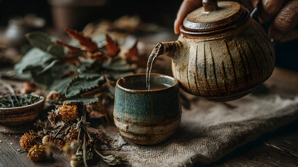 Herbal tea with dried flowers on table