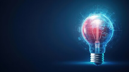 Abstract light bulb with holographic globe and tech elements symbolizing global innovation