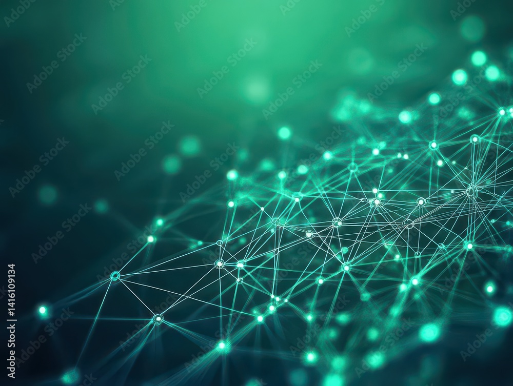 Fototapete Abstract network of glowing lines and nodes over a green background, representing global connectivity and data flow