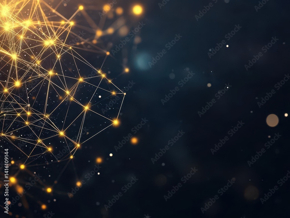 Aufkleber abstract network of golden lines, connecting glowing dots and triangles, on a dark background