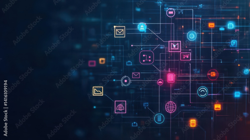 Poster Abstract networking icon display on wall creative workspace graphic design modern environment aerial view