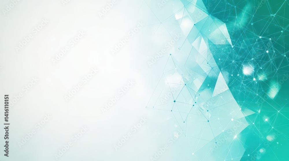 Poster abstract teal, light blue, and light gray background with digital particle decoration minimalistic d