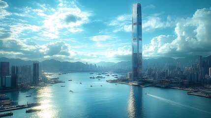 Naklejka premium Scenic Photo Of Hong Kong Skyline With Tall Tower And Harbor View