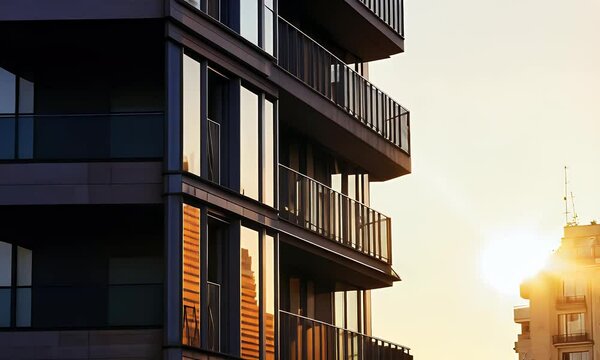 Modern building with glass balconies glimmers under a warm sky, next to another building with an ornate fa?ade
