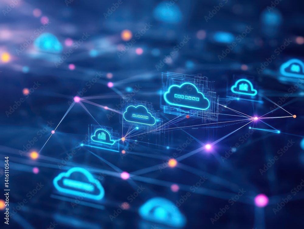 Poster Abstract two tone cloud computing icon design representing network connectivity data flow and digital infrastructure for technology based solutions services and business applicatio