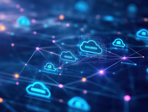 Abstract two tone cloud computing icon design representing network connectivity data flow and digital infrastructure for technology based solutions services and business applicatio