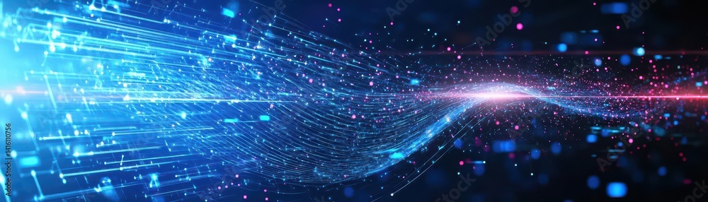 Poster Abstract wave with moving dots and lines Flow of particles Cyber technology illustration