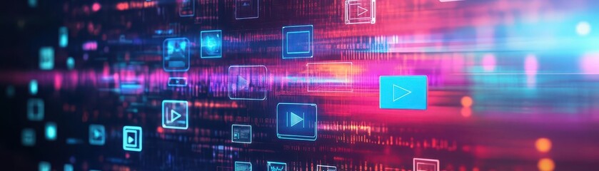 Abstract video marketing concept with digital icons representing video content creation and distribution