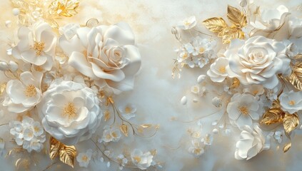 Elegant 3D white roses and gold leaves floral arrangement on marble background.