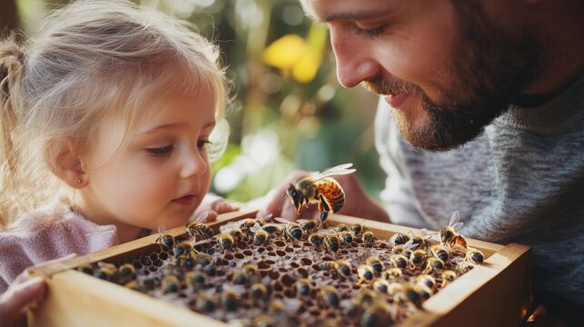 A young child and father observe honeybees on a honeycomb. - Powered by Adobe