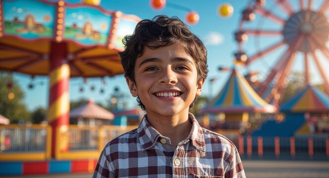 kid latin Hispanic boy in amusement park carnival at sunlight portrait smiling happy landscape background ad concept with copy space