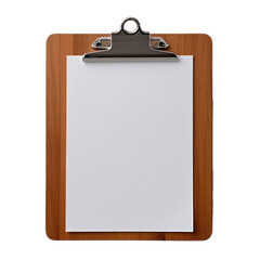 A wooden cilpboard with a metal clip on a white or transparent background.