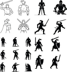 Obraz premium Male Knight with Sword Silhouette | Warrior Vector Set Knight in Armor Silhouette Pack | Medieval Sword Fighter
