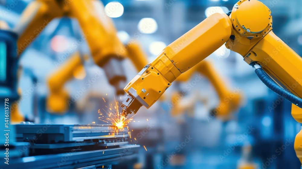 Fototapete Automation robot arms machine in intelligent factory industrial setting with realtime monitoring system software  advanced welding robotics and digital manufacturing technology