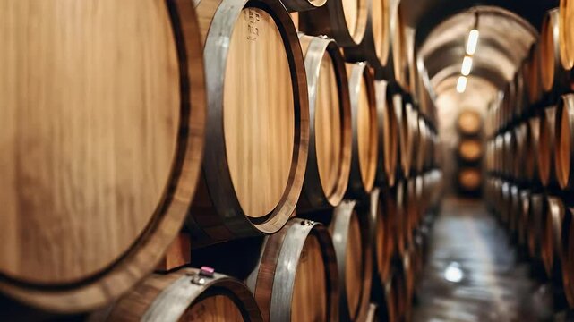 Rows of wooden barrels fill a tunnel-like room, aging a vintage beverage in a cellar, under soft lighting
