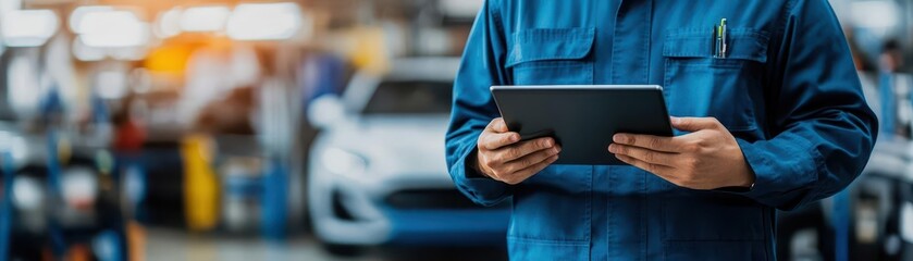 Automotive service advisor with tablet in hands, in car repair shop