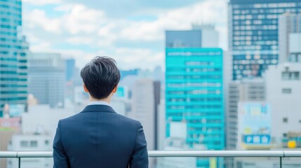 Fototapeta premium back of businessman in suit with business office glass modern buildings background for economic market stock investment