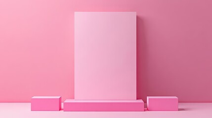 Background featuring an empty product display mockup with a pink backdrop and abstract geometric platforms designed for showcasing merchandise in landscape orientation