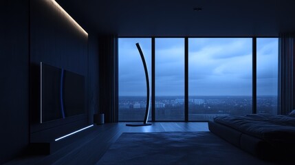 Modern apartment night cityscape bedroom relax