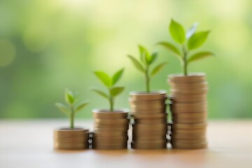 Growing investment concept with ascending stacks of coins symbolizing financial success