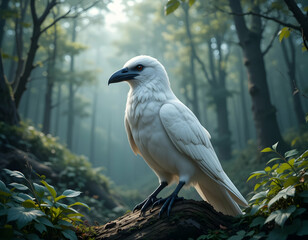 Obraz premium White Plumage Bird Perched on Log in Forest Scene